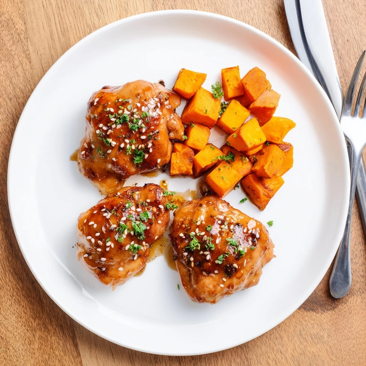 Honey garlic chicken with tender meat and caramelized edges served over seasoned roasted sweet potatoes on a white plate