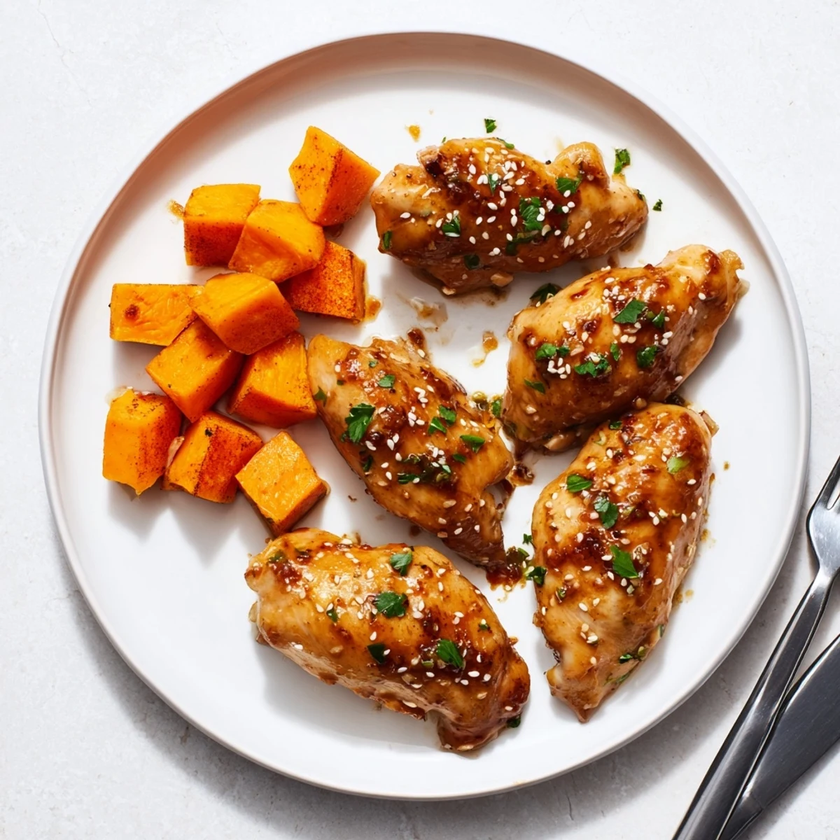 Weeknight dinner featuring juicy chicken in sweet savory honey garlic glaze paired with paprika roasted sweet potatoes