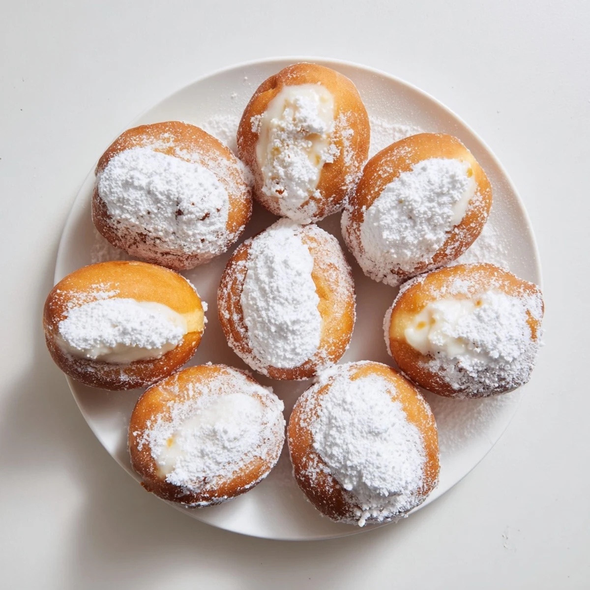 Golden brown Korean milk cream donuts coated in powdered sugar with sweet cream filling