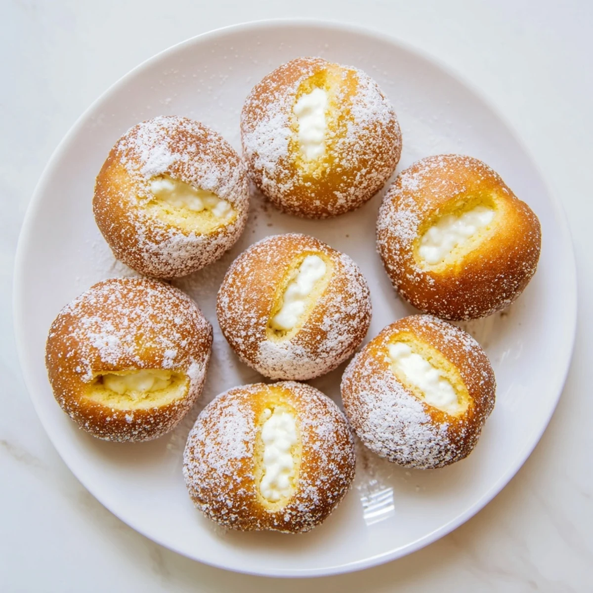 Plate of pillowy Korean milk cream donuts dusted with sugar and filled with vanilla cream