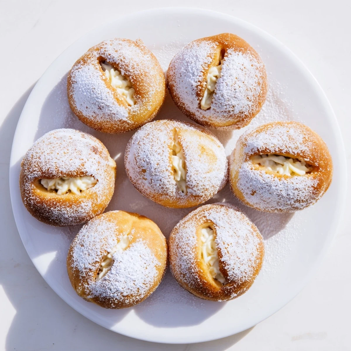 Soft fried Korean milk cream donuts sliced open revealing fluffy white milk cream center