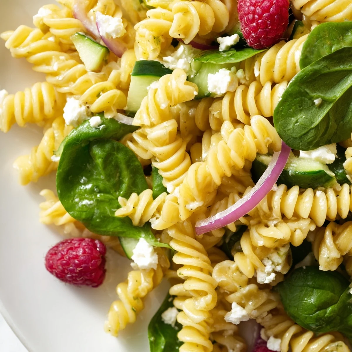 Colorful raspberry spinach feta pasta salad tossed in tangy vinaigrette with fresh raspberries