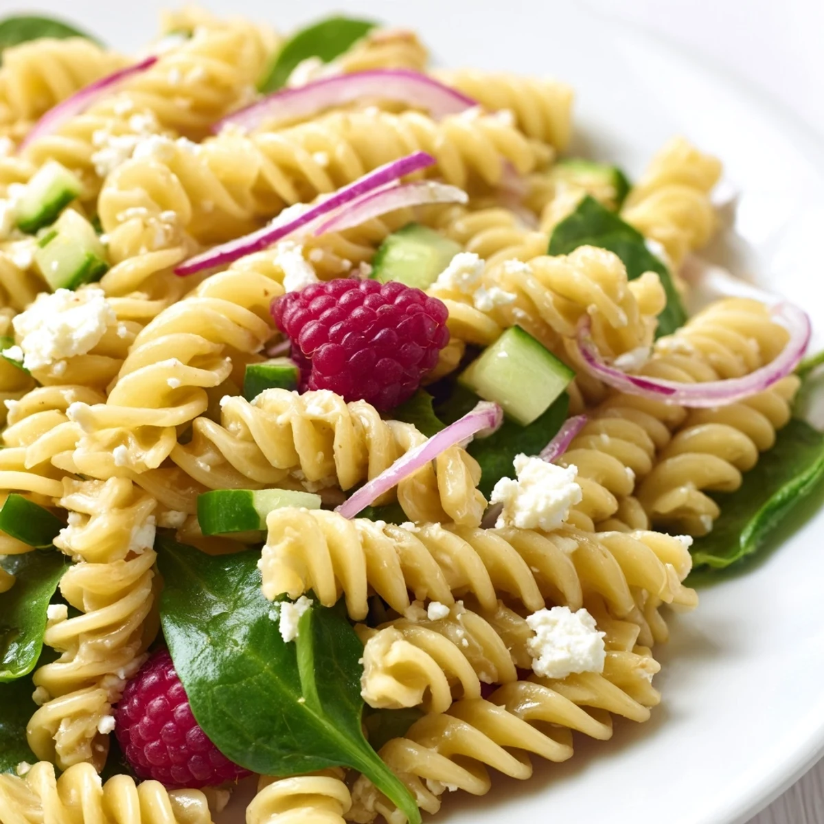Fresh pasta salad bowl featuring bright raspberries, baby spinach, and crumbled feta cheese
