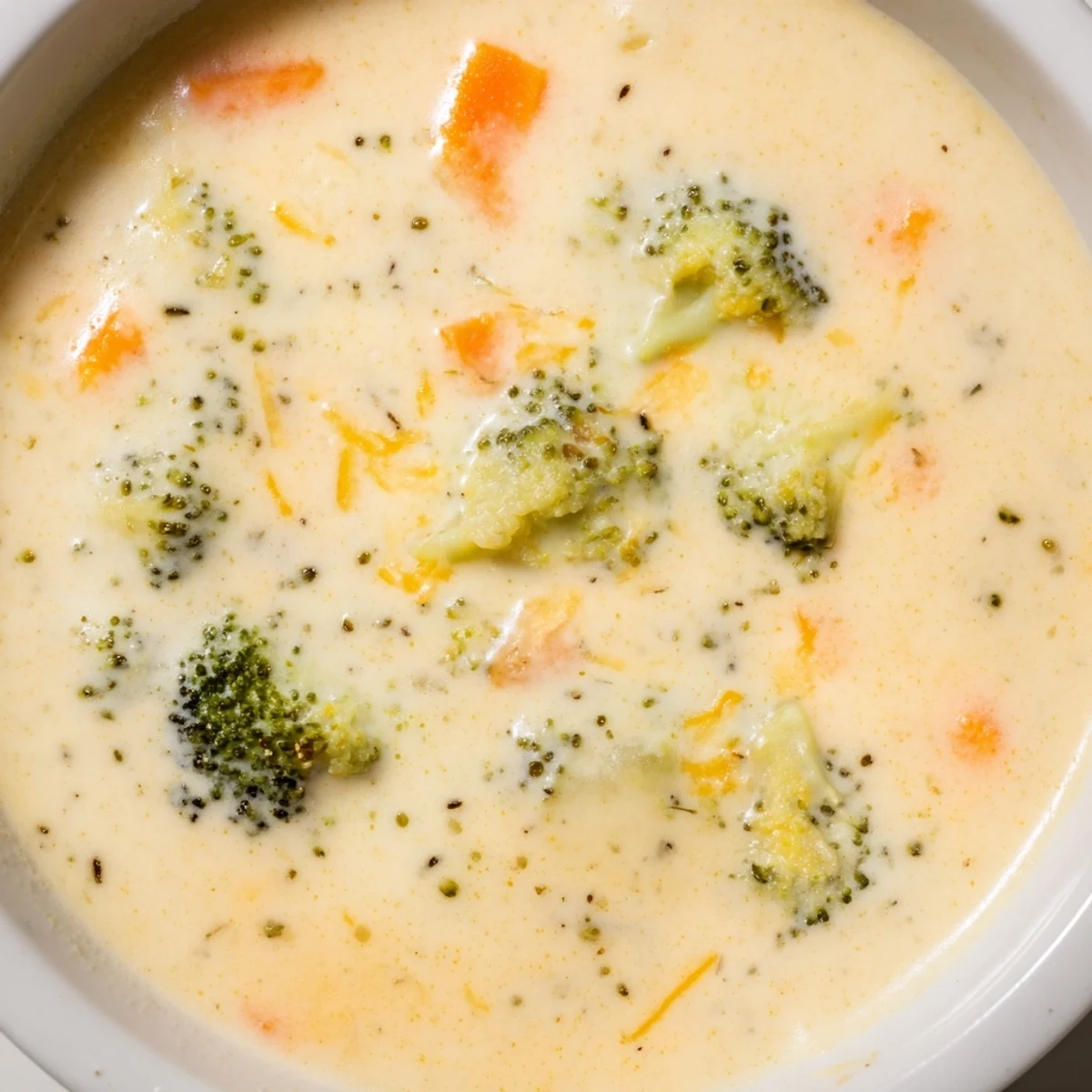 Steaming bowl of creamy broccoli cheddar soup topped with melted shredded cheese and fresh cracked pepper