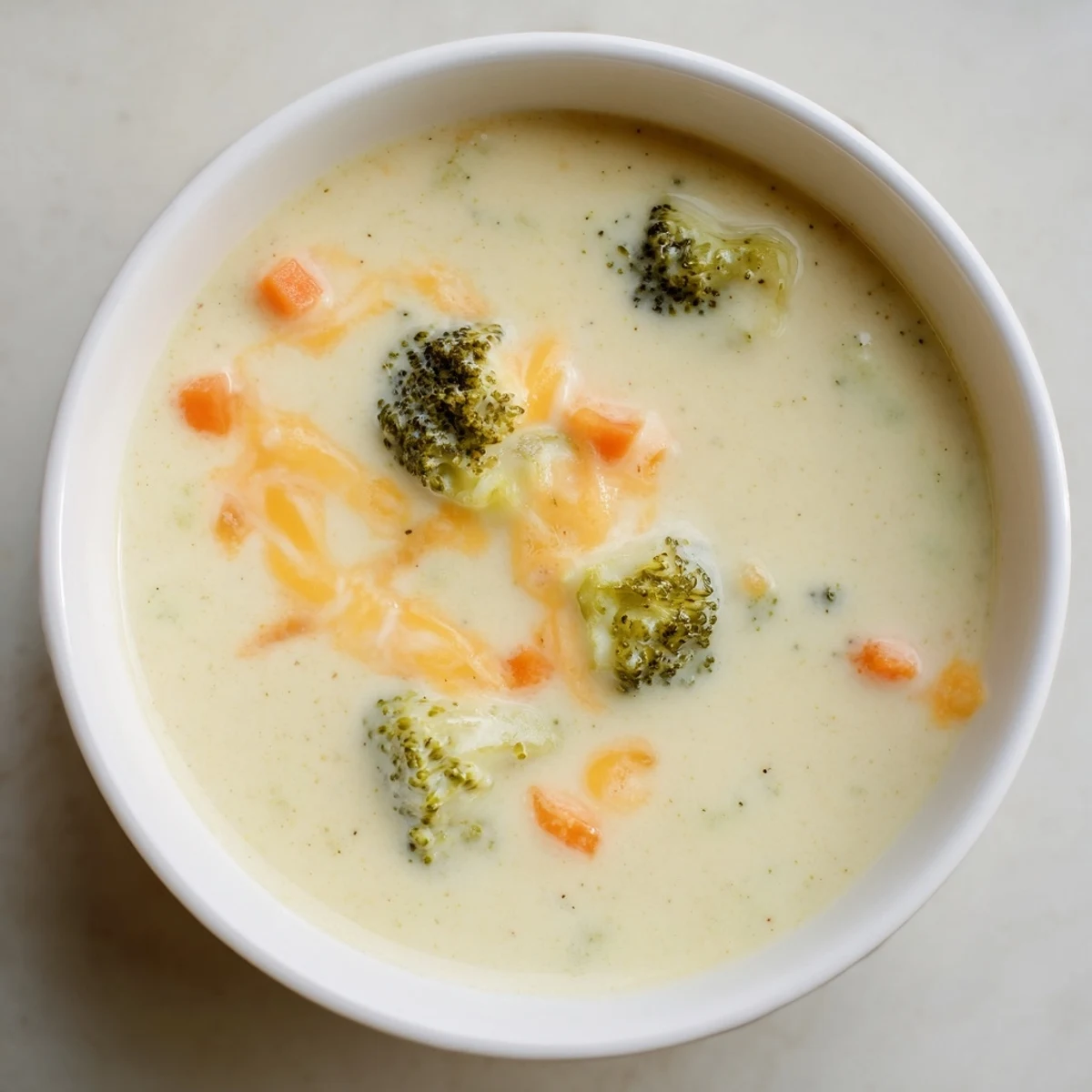 Golden velvety broccoli cheddar soup ladled into white bowl with crusty bread on wooden table
