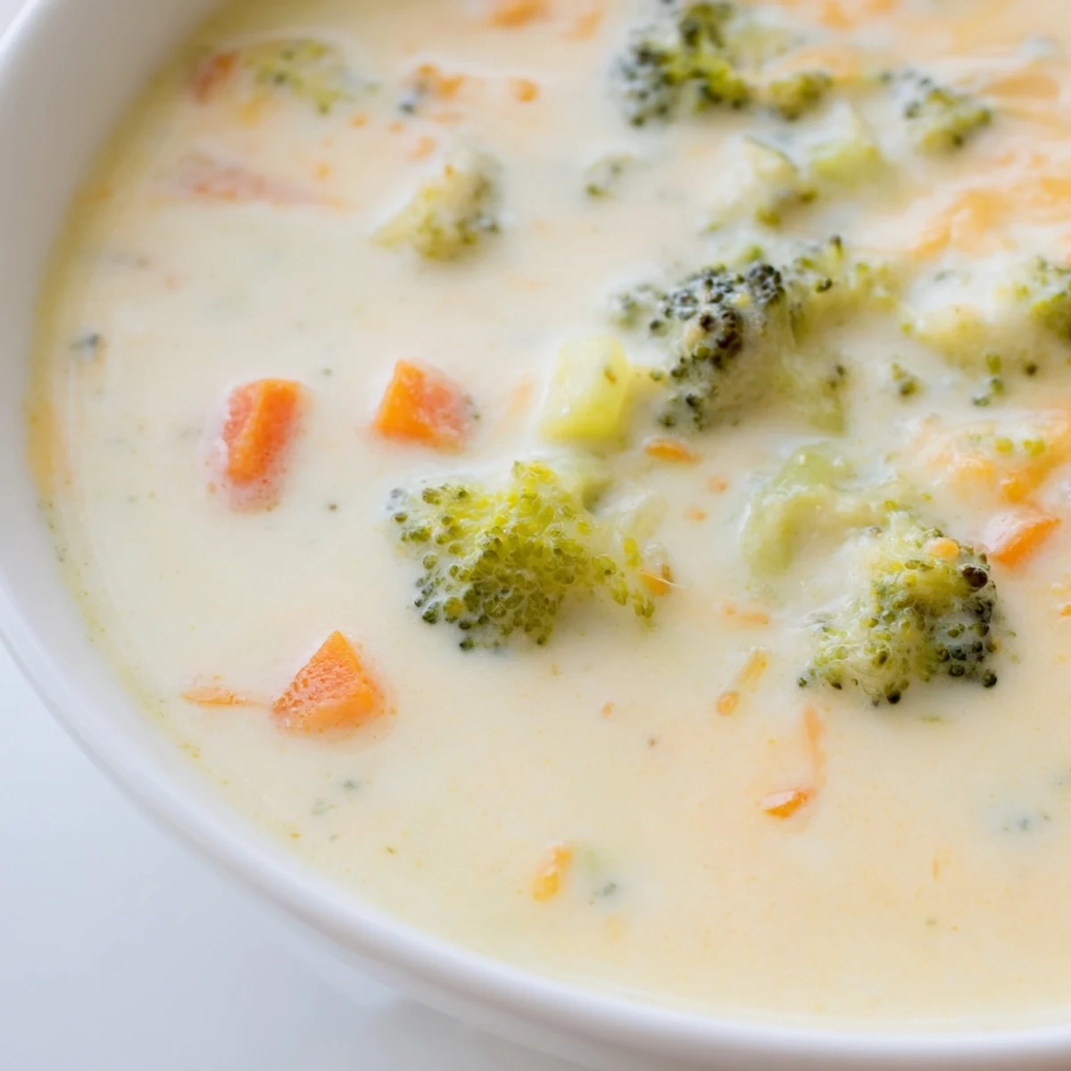 Close up of rich broccoli cheddar soup with green florets visible in smooth cheese broth