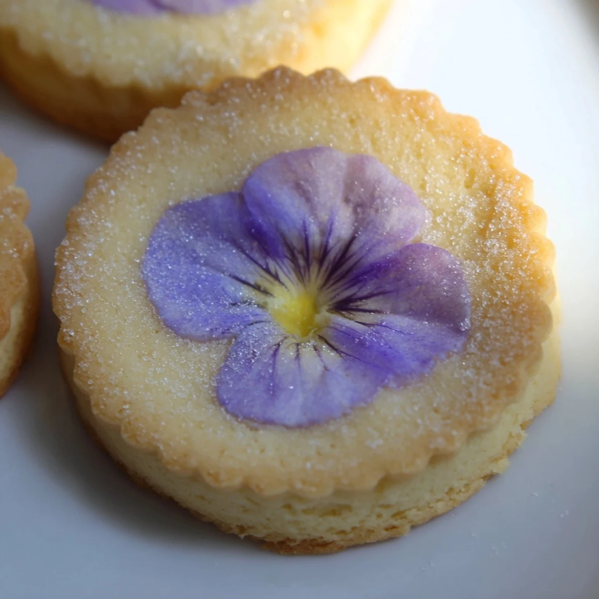 Golden spring flower shortbread cookies topped with colorful violet and pansy blossoms on white plate