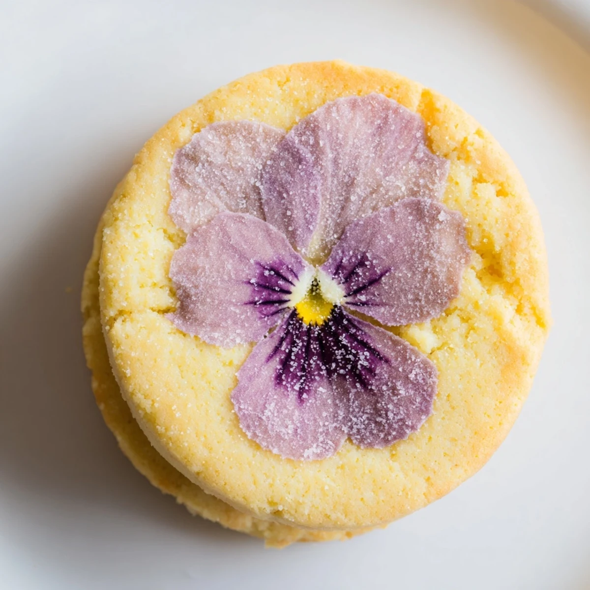 Delicate flower shortbread cookies sprinkled with sugar featuring pressed blooms on baking sheet