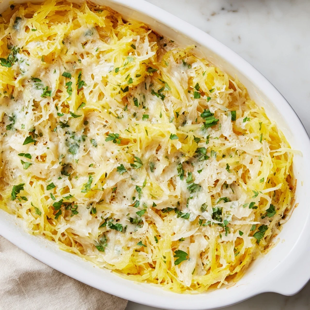 Creamy baked spaghetti squash au gratin in white ceramic dish with cheese topping