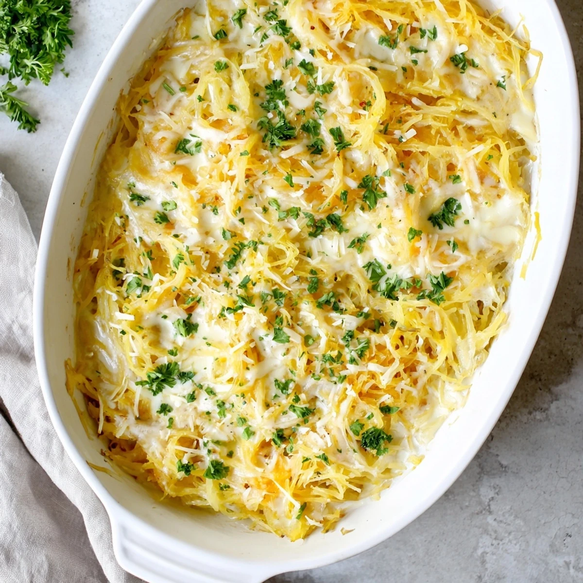 Golden bubbling spaghetti squash au gratin with melted Gruyère and parsley garnish