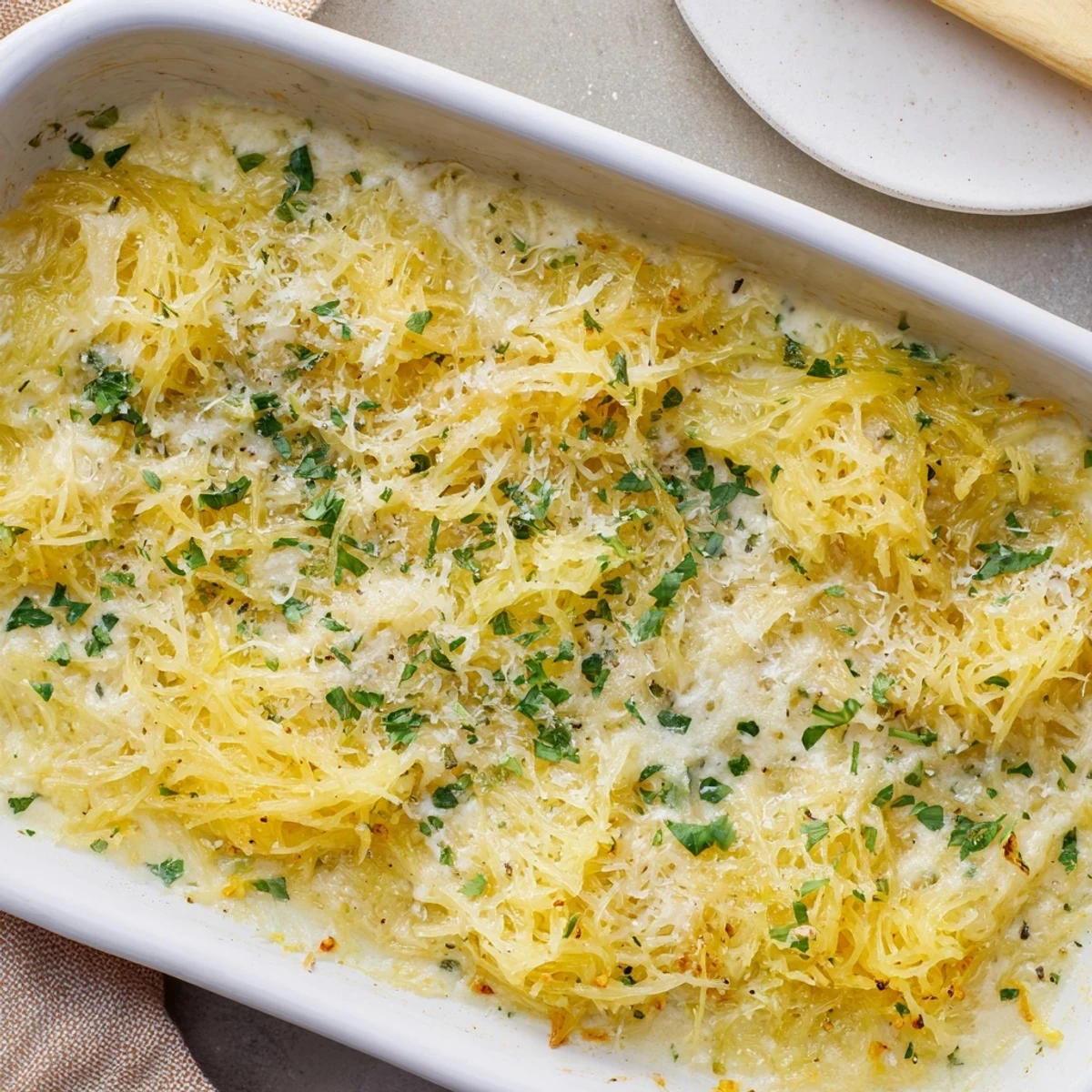 Roasted spaghetti squash strands in rich cheese sauce baked to golden perfection