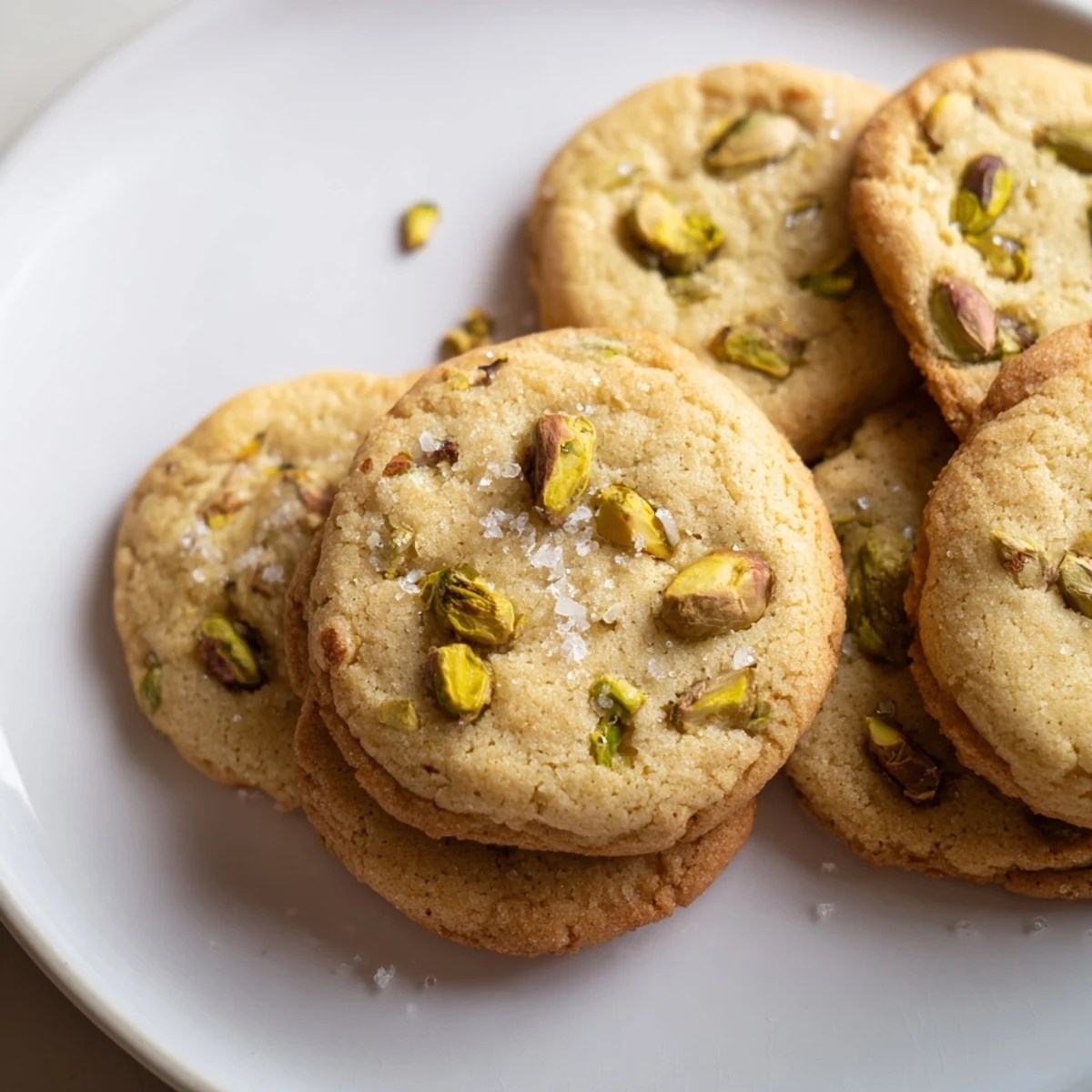 Golden brown salted pistachio cookies topped with flaky sea salt on a white baking sheet