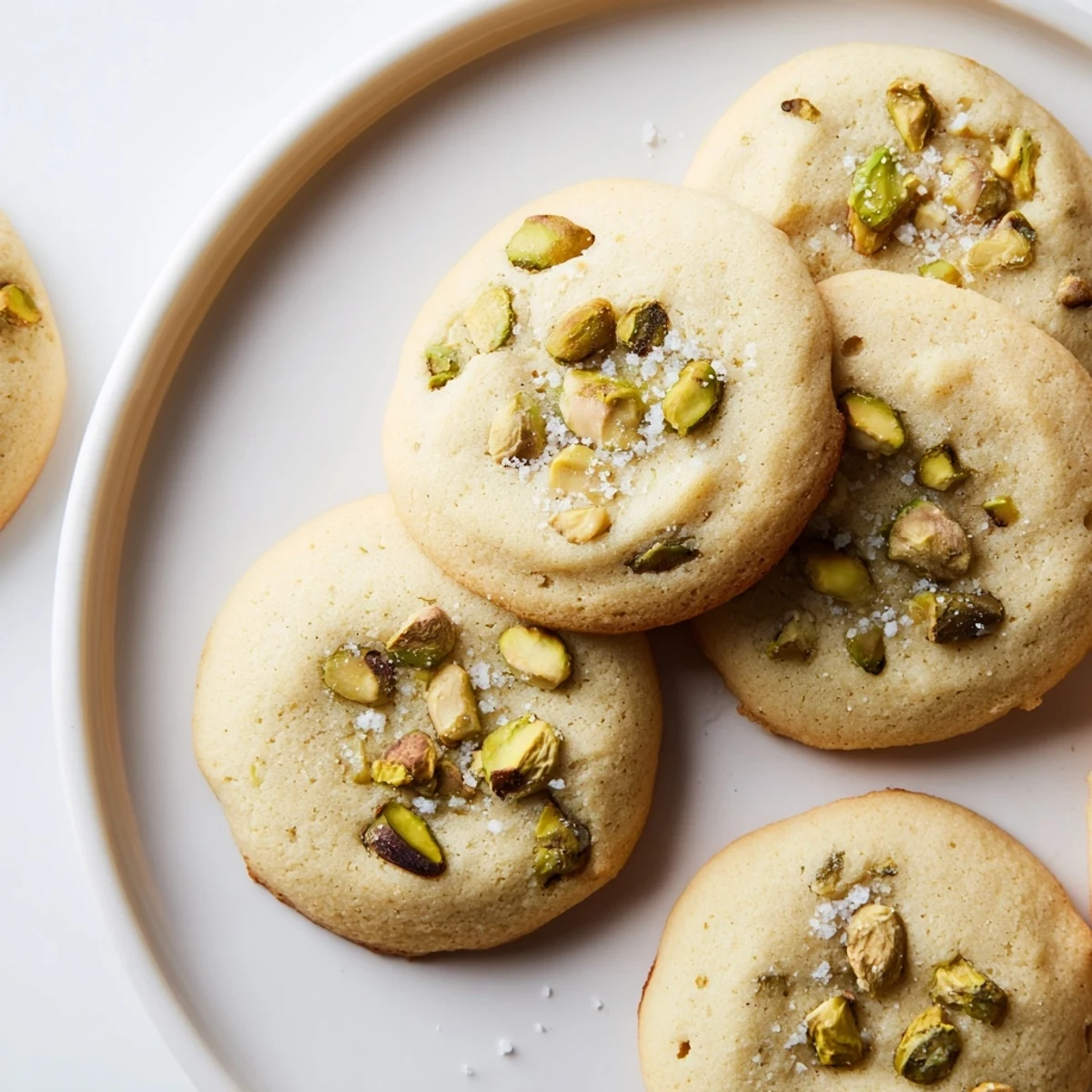 Stack of tender pistachio cookies studded with green nuts and savory salt crystals
