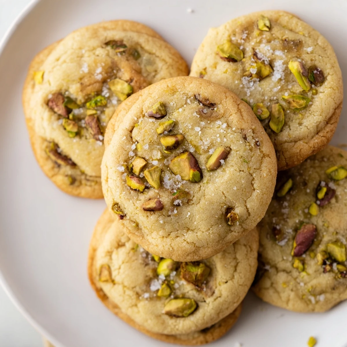 Closeup of sweet and salty pistachio cookies with chopped roasted nuts visible throughout