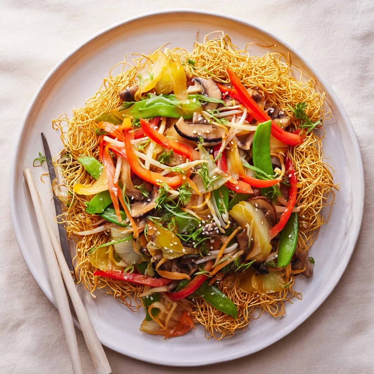 Golden crispy noodle chow mein topped with colorful stir-fried vegetables in savory brown sauce
