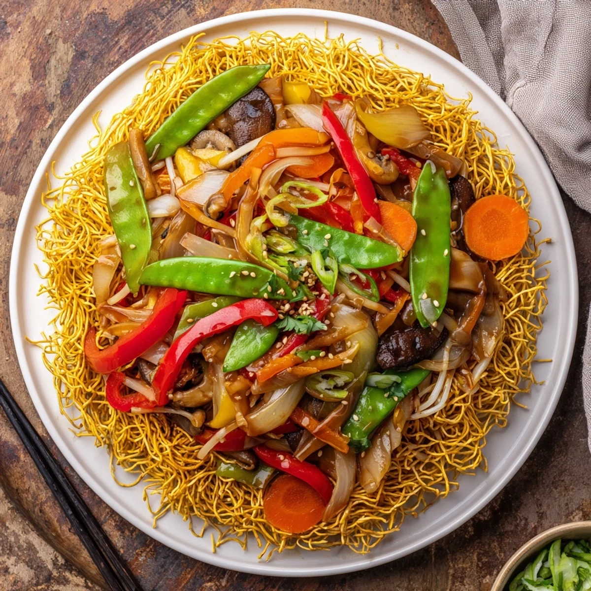 Vibrant vegetable chow mein featuring crunchy fried noodles with peppers carrots and bean sprouts