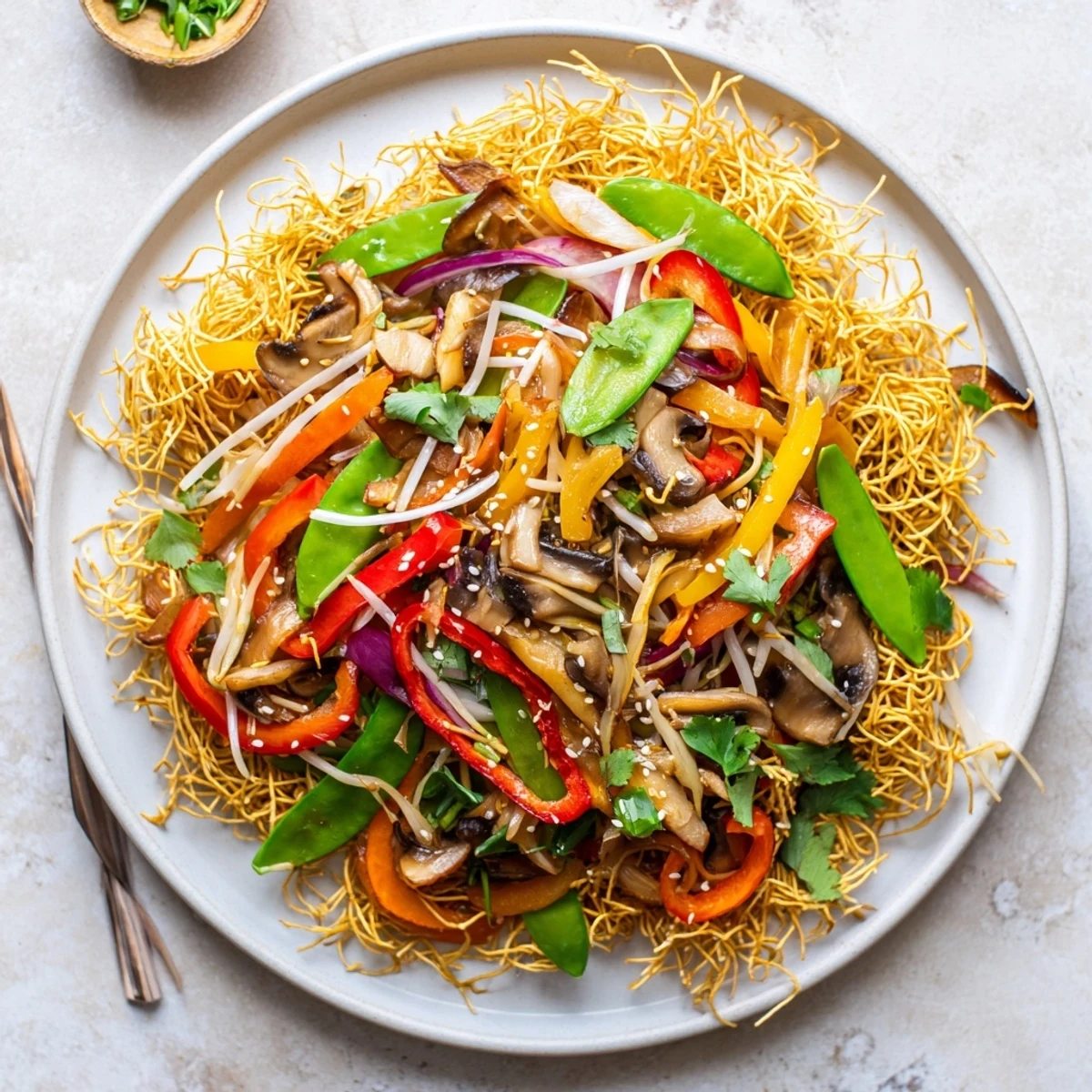 Savory chow mein dish with crispy noodles stir-fried vegetables and sesame seed garnish