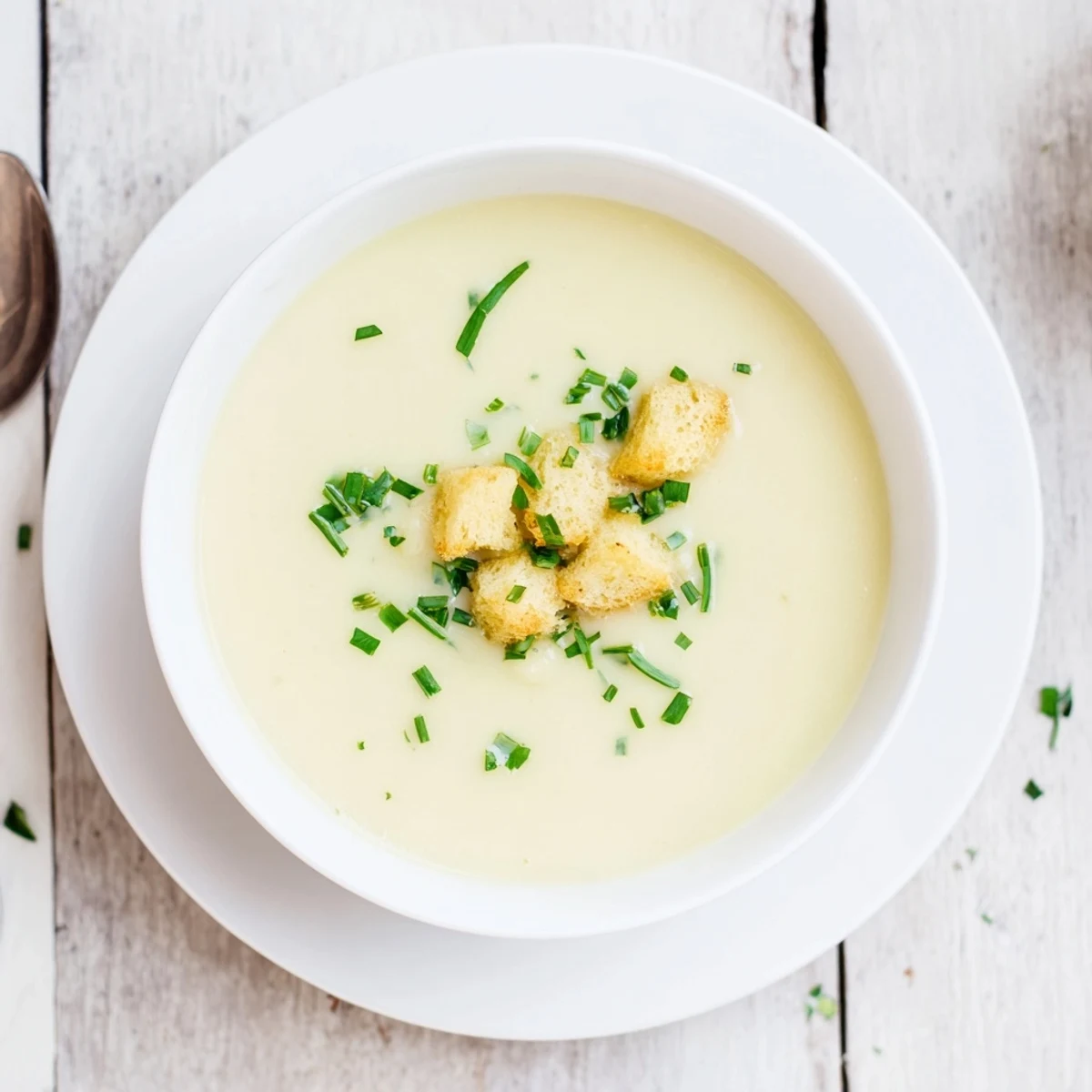 Creamy potato leek soup ladled into white bowls topped with fresh green chives