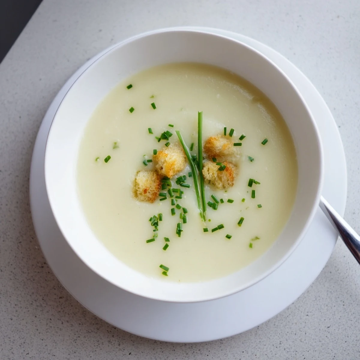 Velvety smooth potato leek soup garnished with crispy croutons on rustic wooden table