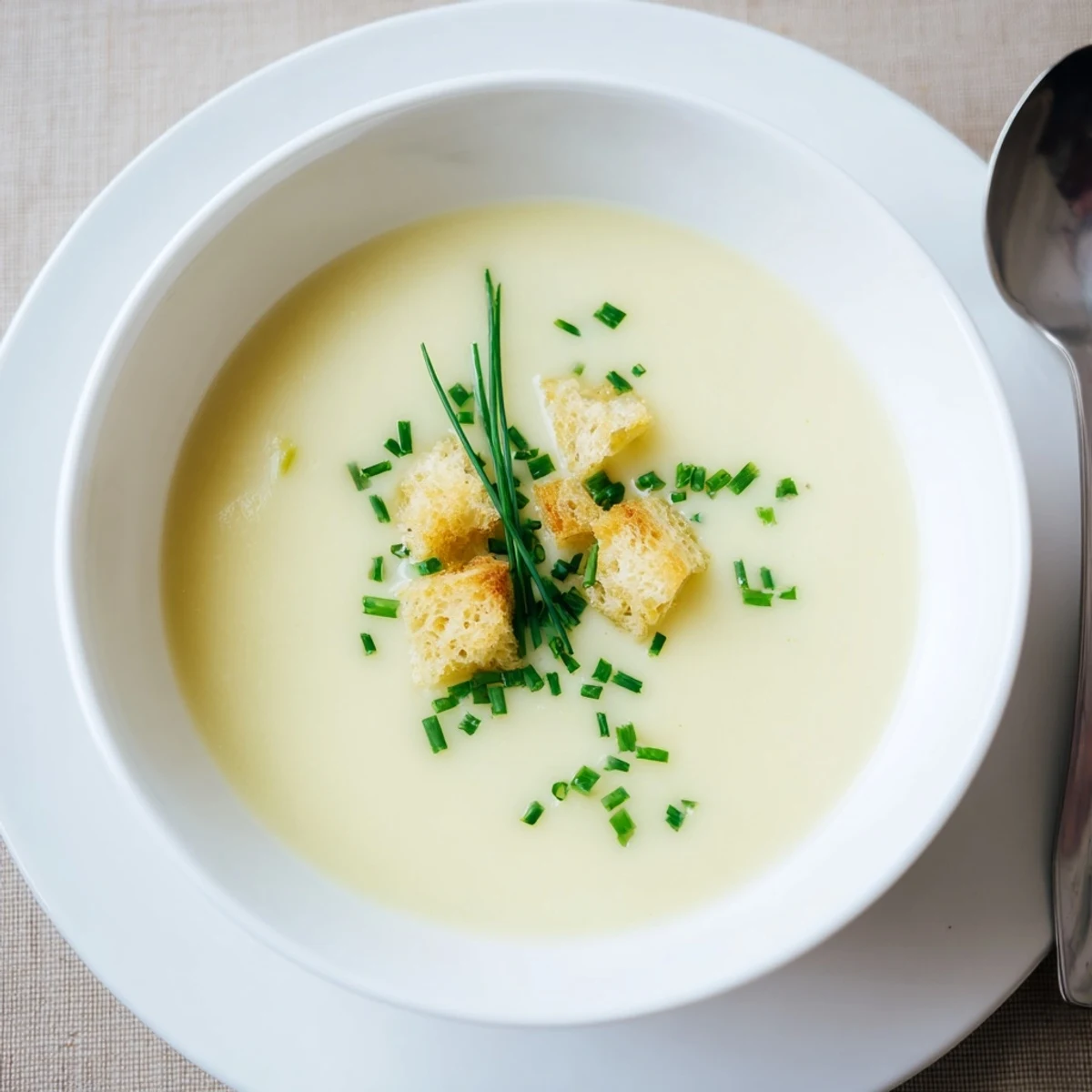 Steaming bowl of homemade potato leek soup with drizzled cream and parsley sprinkle