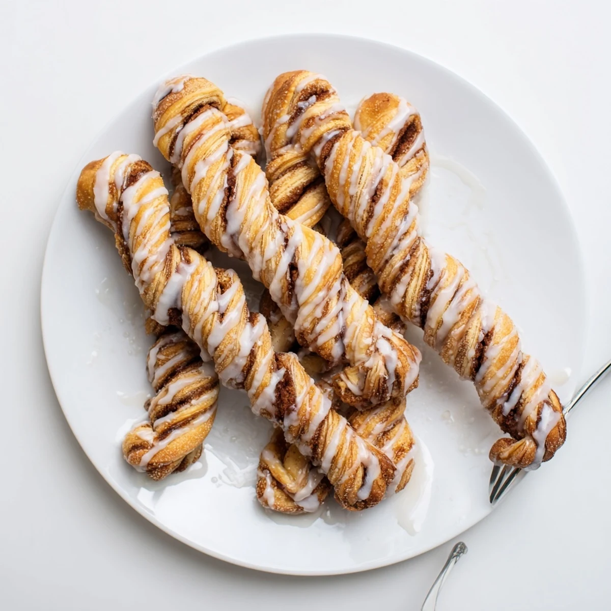 Golden sweet cinnamon twists drizzled with vanilla glaze on a white serving plate