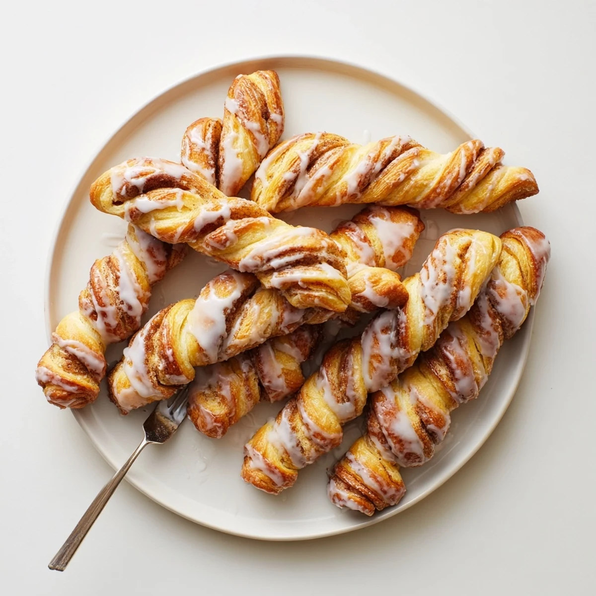Soft sweet cinnamon twists arranged on baking sheet with light vanilla glaze topping