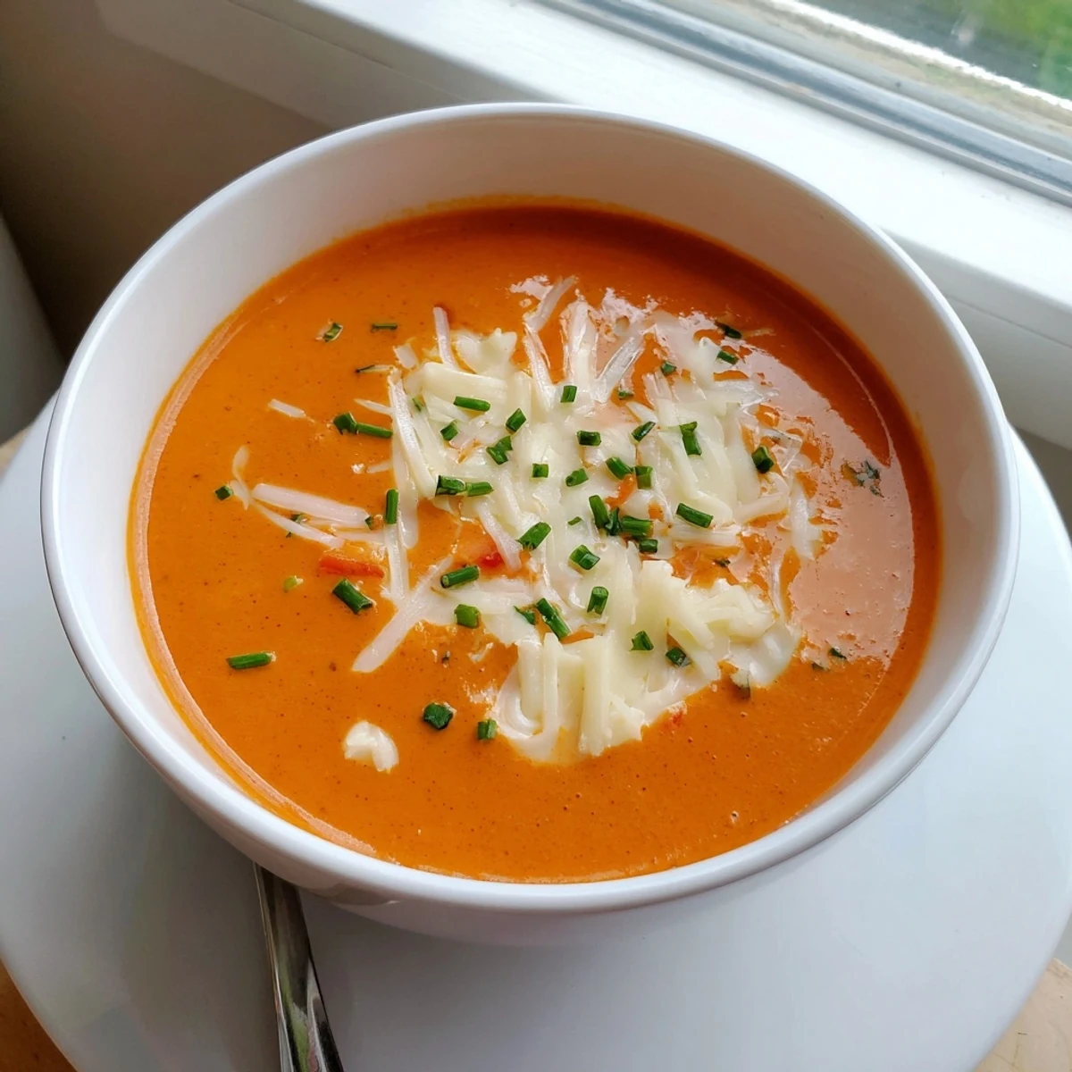 Creamy roasted red pepper Gouda soup garnished with fresh herbs and extra shredded cheese
