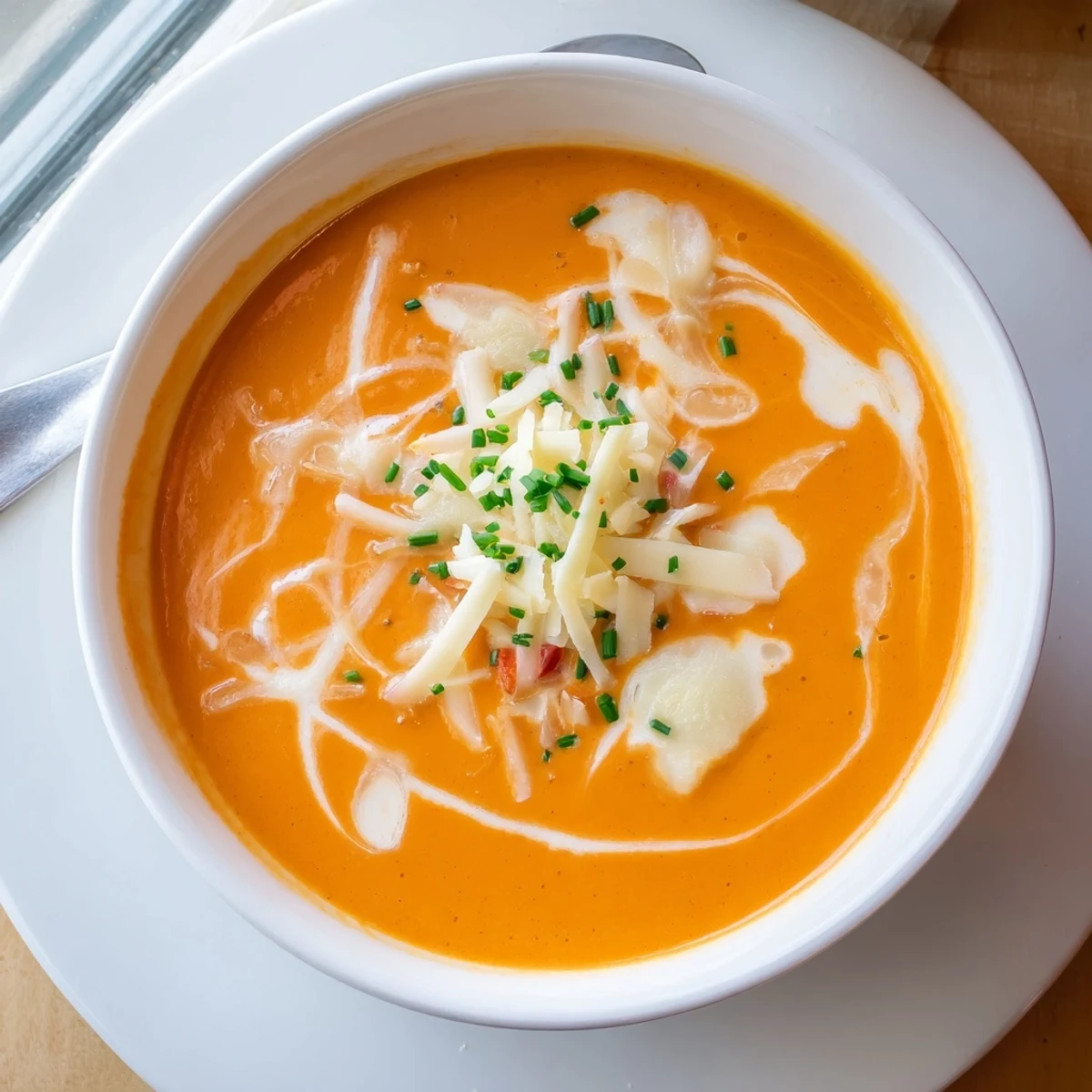 Velvety roasted red pepper Gouda soup topped with chives in a white ceramic bowl