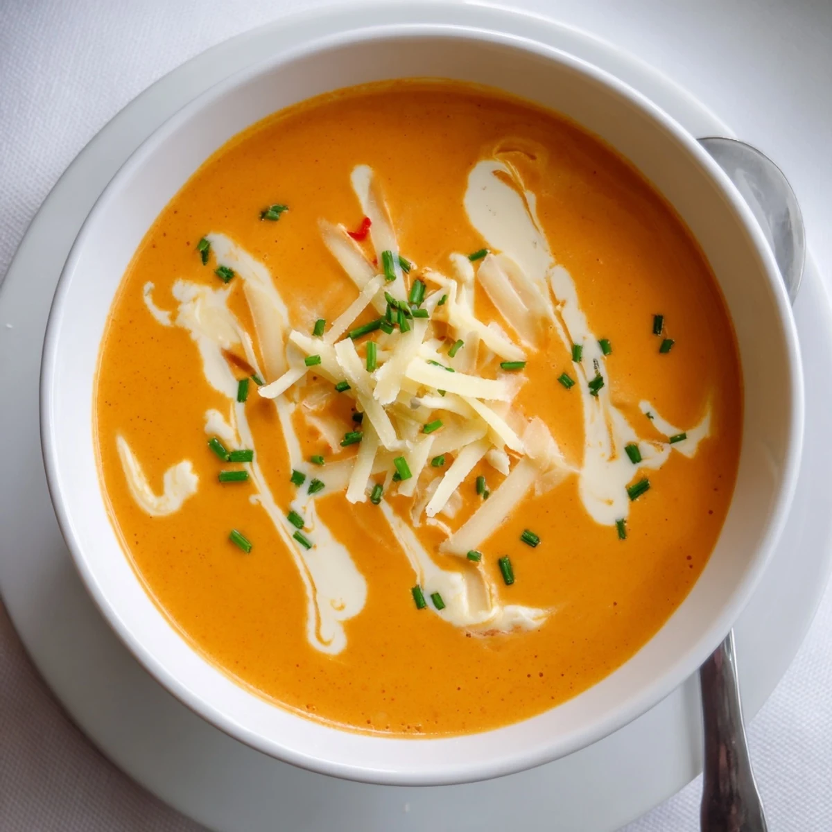Smooth bowl of roasted red pepper Gouda soup with vibrant orange color and rustic bread