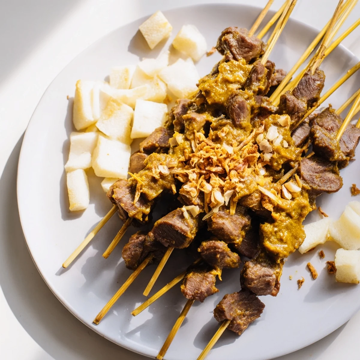 Grilled Indonesian Sate Padang beef skewers drizzled with rich golden spiced sauce and garnished with crispy fried shallots