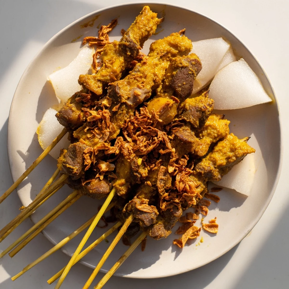 Tender beef skewers charred to perfection over charcoal served with thick aromatic yellow curry sauce on a white plate