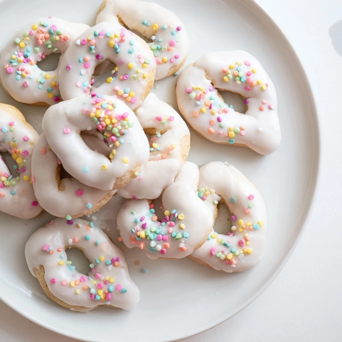 Soft Italian Easter cookies topped with pastel icing and colorful sprinkles on a white plate