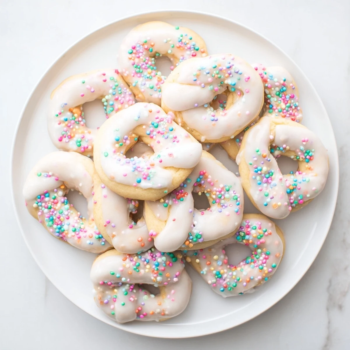 Traditional Italian Easter cookies with sweet vanilla glaze and festive spring sprinkles for holiday dessert