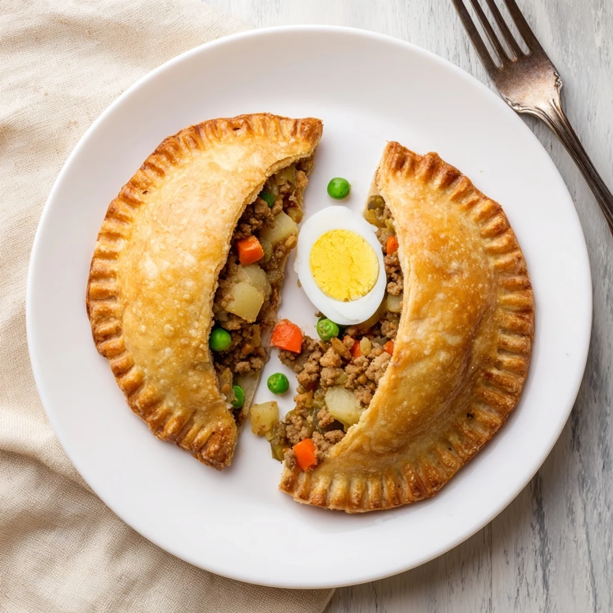 Golden brown Filipino empanada stuffed pastry with savory meat filling on a white plate