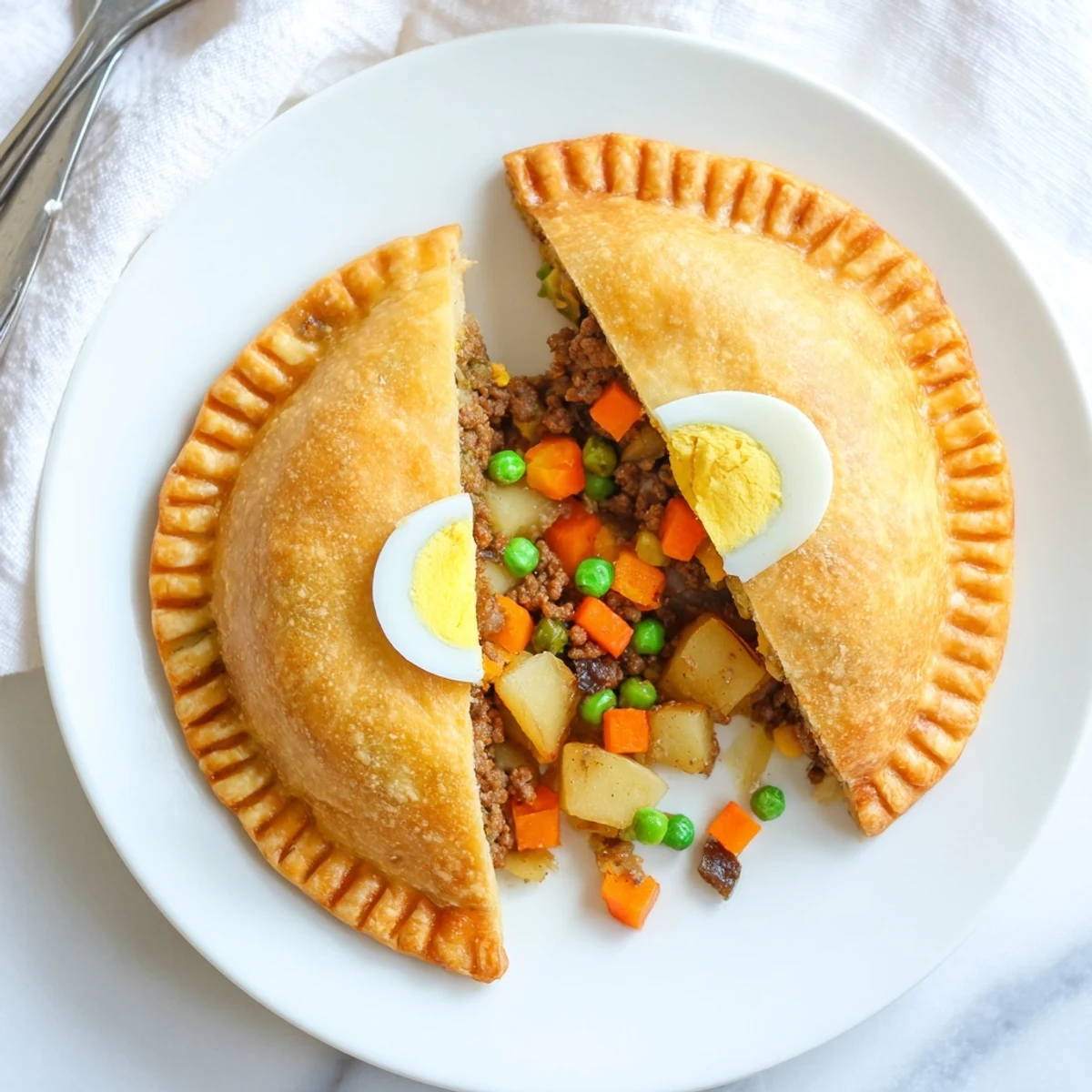Flaky baked Filipino empanada stuffed pastry filled with ground meat and colorful vegetables