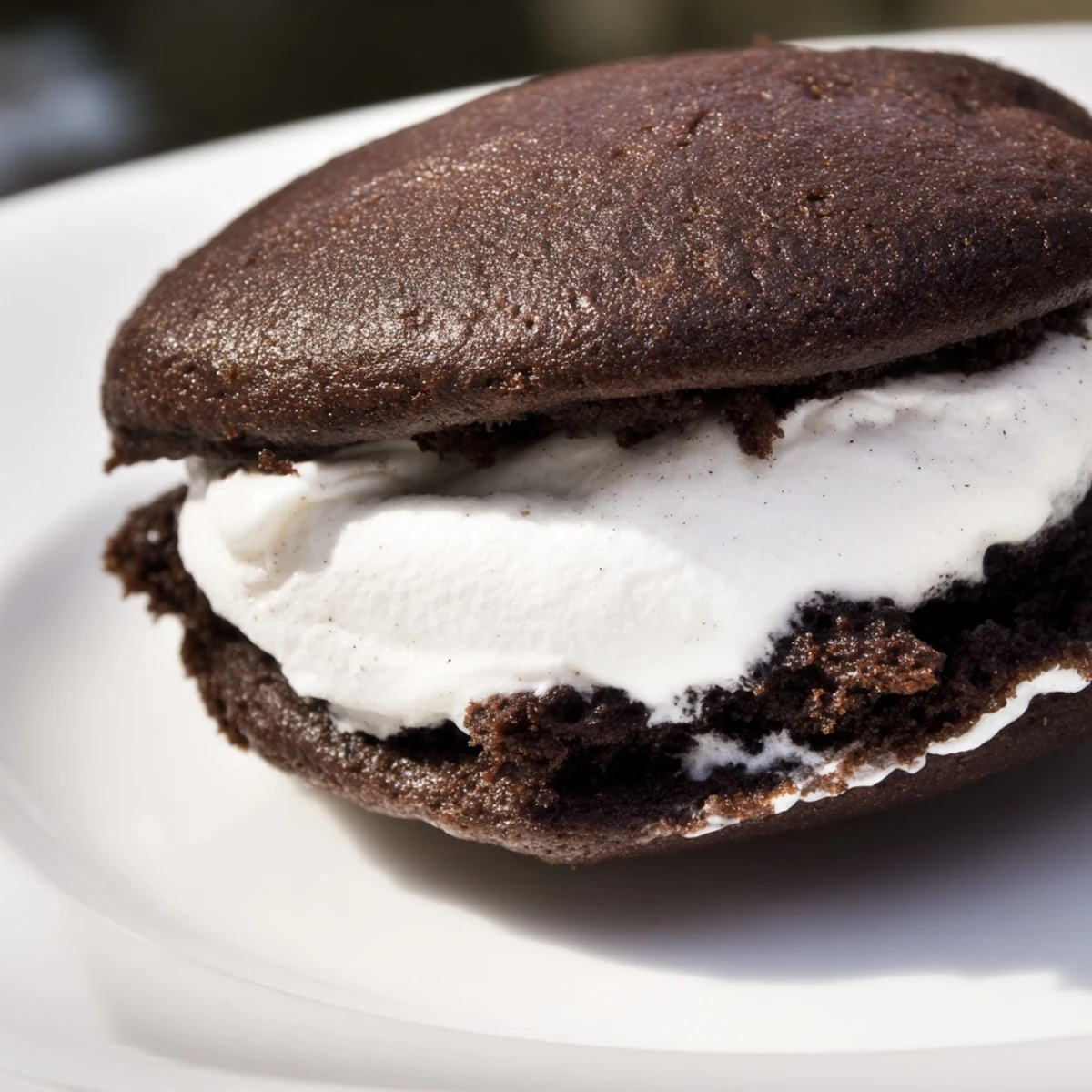 Soft chocolate whoopie pies filled with fluffy white marshmallow cream arranged on a white plate