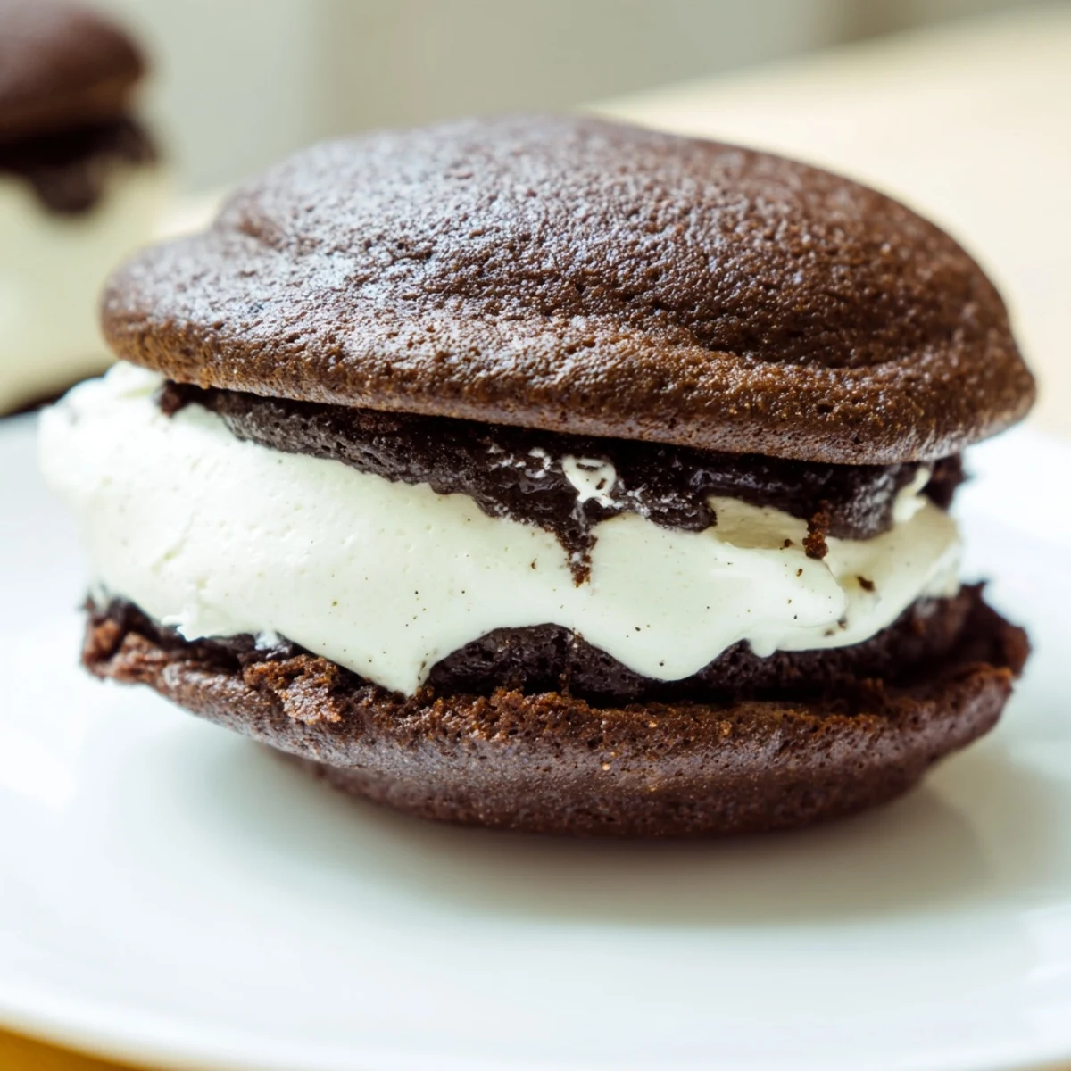 Handheld chocolate sandwich cookies known as whoopie pies with sweet marshmallow frosting peeking from edges