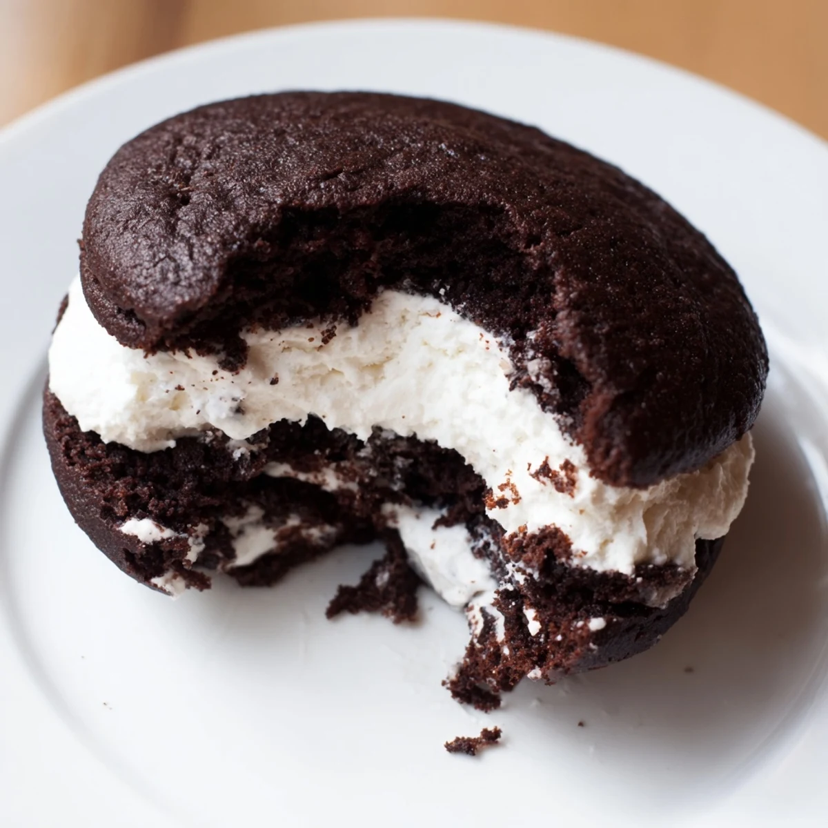 Freshly baked American whoopie pies showcasing dark cocoa cookies and generous marshmallow filling layer