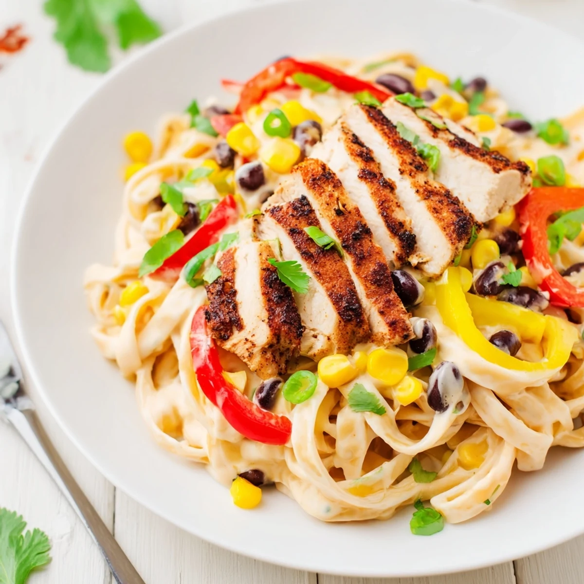 Creamy Southwest chicken Alfredo pasta topped with sliced chicken breast and colorful bell peppers