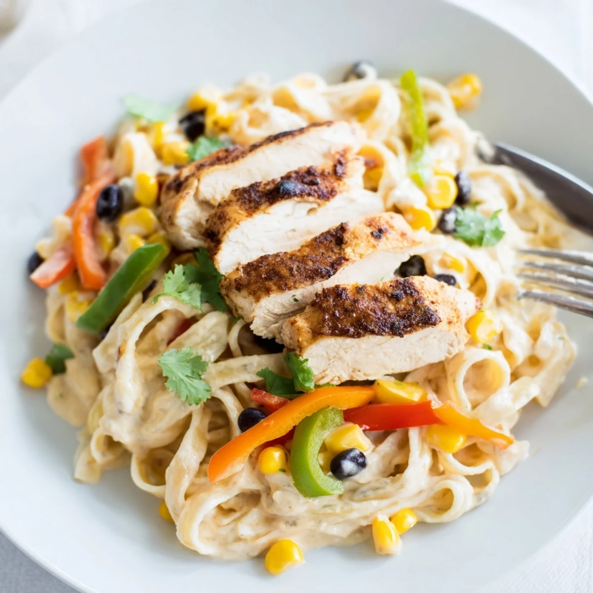 Plate of zesty Southwest chicken Alfredo with tender pasta, black beans, and fresh cilantro garnish