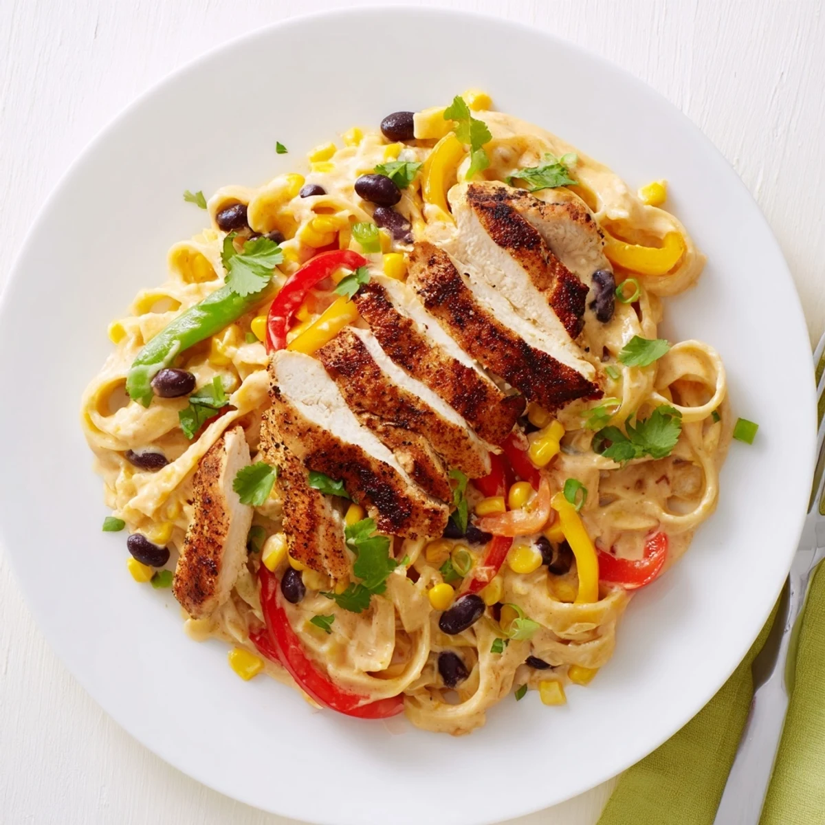 Golden spiced chicken sliced over rich Alfredo pasta with corn, peppers, and green onions