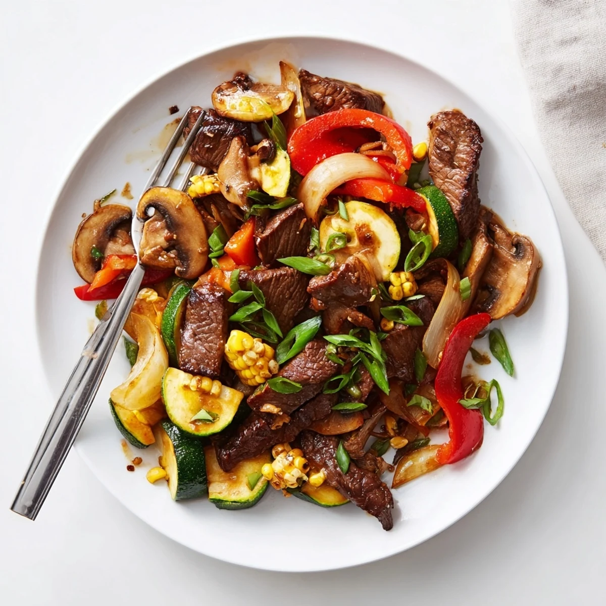 Sizzling Blackstone Cowboy Stir Fry with seared beef and colorful charred vegetables on a hot griddle