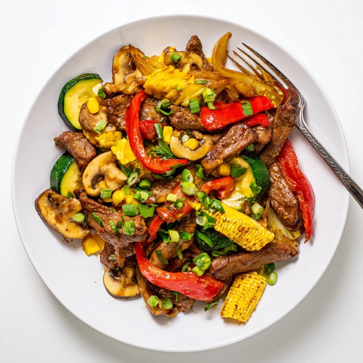 Hearty Blackstone Cowboy Stir Fry featuring tender steak peppers and corn in glossy smoky sauce