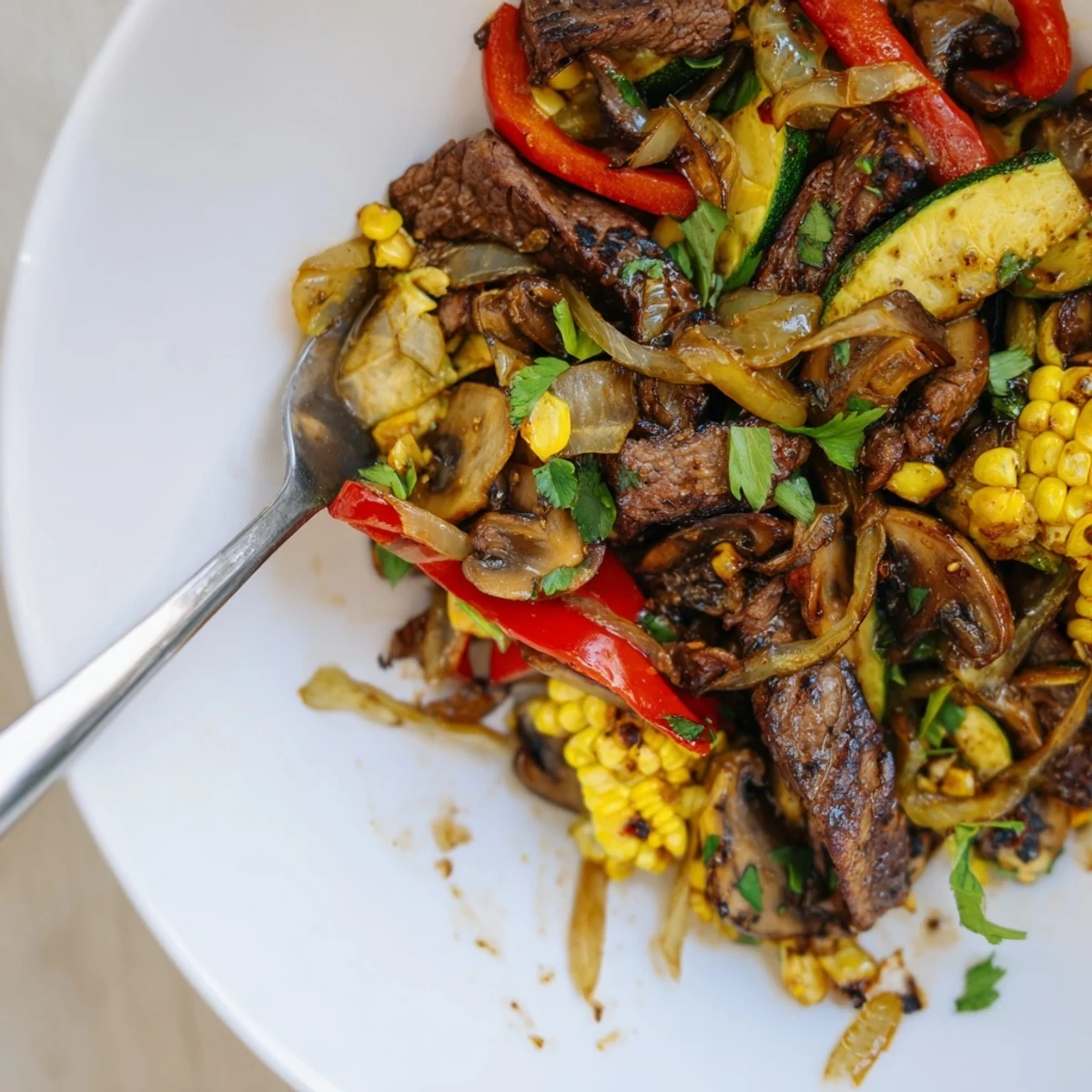 Rustic Blackstone Cowboy Stir Fry served hot with fresh green onions and beef slices