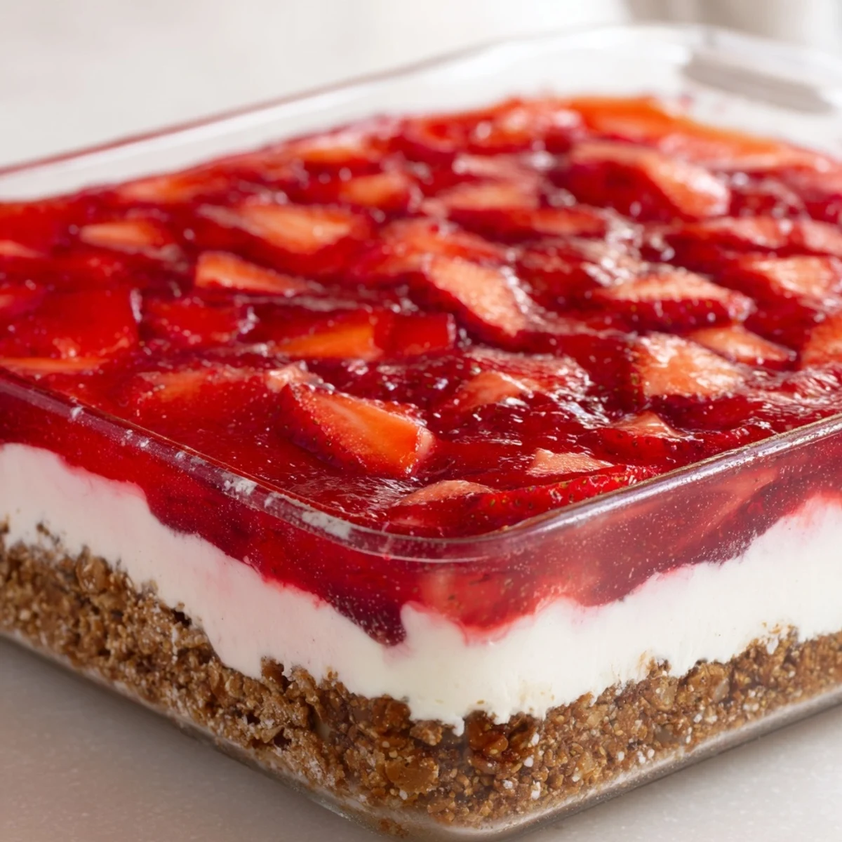 Golden pretzel crust supports creamy layers with bright red strawberries in this refreshing Strawberry Crackle Salad