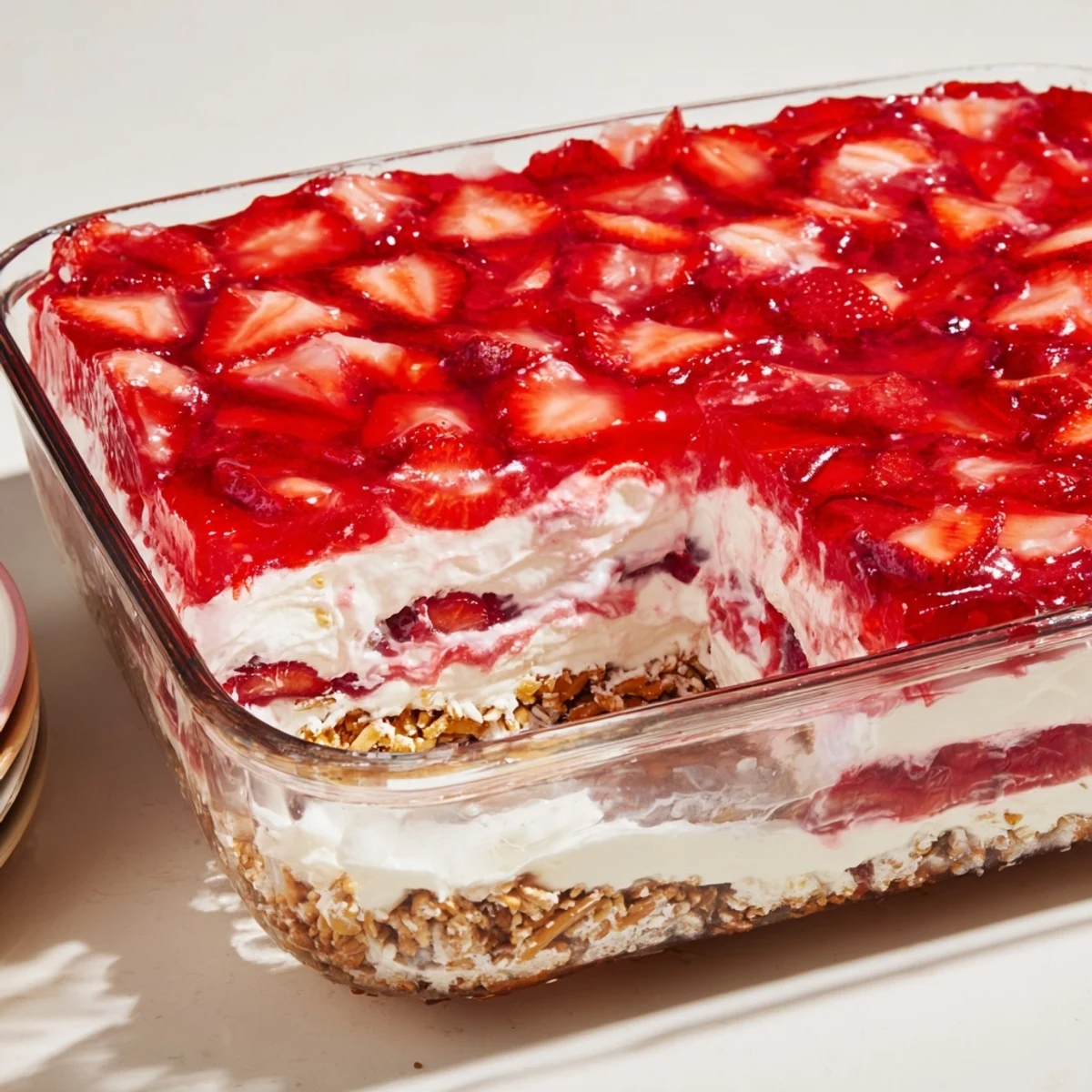Chilled square slices reveal three distinct layers of pretzel crust, creamy filling, and strawberry gelatin in this Strawberry Crackle Salad