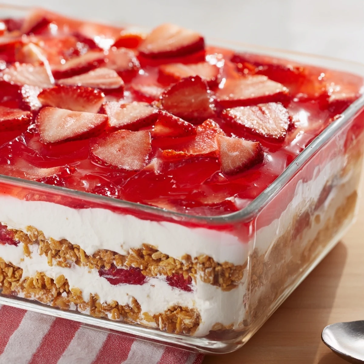 Sliced strawberries float over smooth cream cheese filling and salty pretzel base in this classic Strawberry Crackle Salad