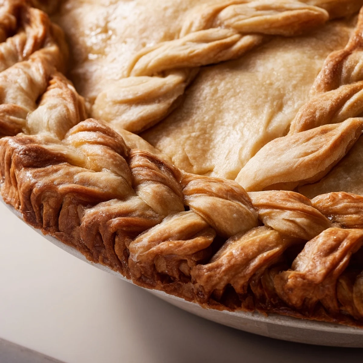 Golden homemade fishtail braid pie crust with woven pastry strips brushed with egg wash
