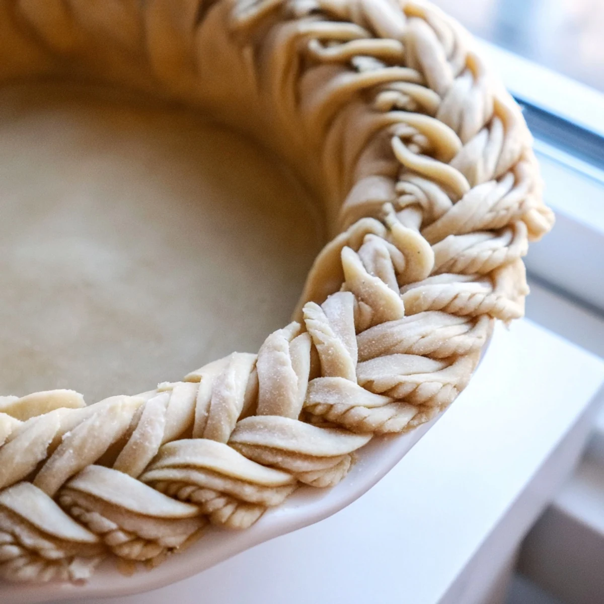 Decorative woven pie crust featuring intricate fishtail braided edges on a golden baked pastry