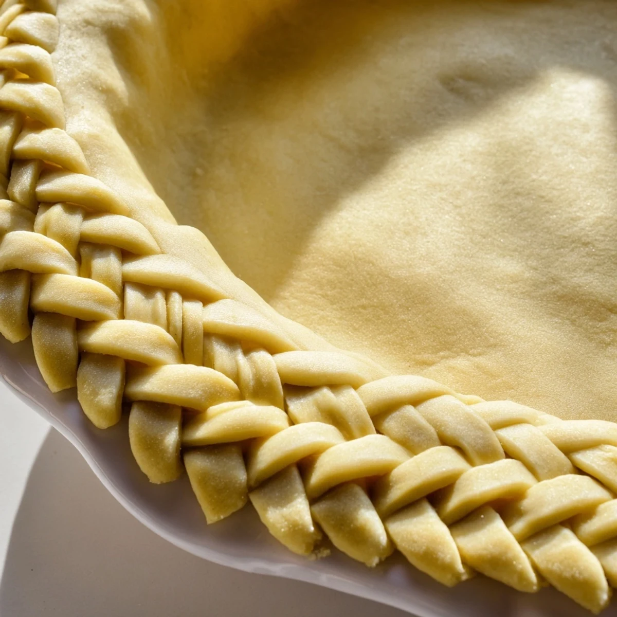 Close-up of elegant braided pie crust detail showing the woven fishtail pattern on pastry rim